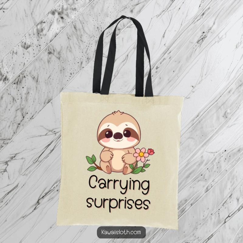 Funny tote bag with a surprised sloth finding a hidden flower, perfect for carrying items with a smile. A humorous gift.