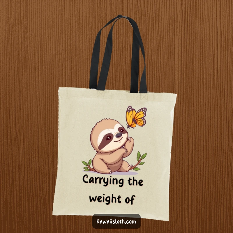 Funny Tote Bag showcasing a sloth slowly nodding its head, mesmerized by a butterfly, perfect for carrying daily essentials with humor.
