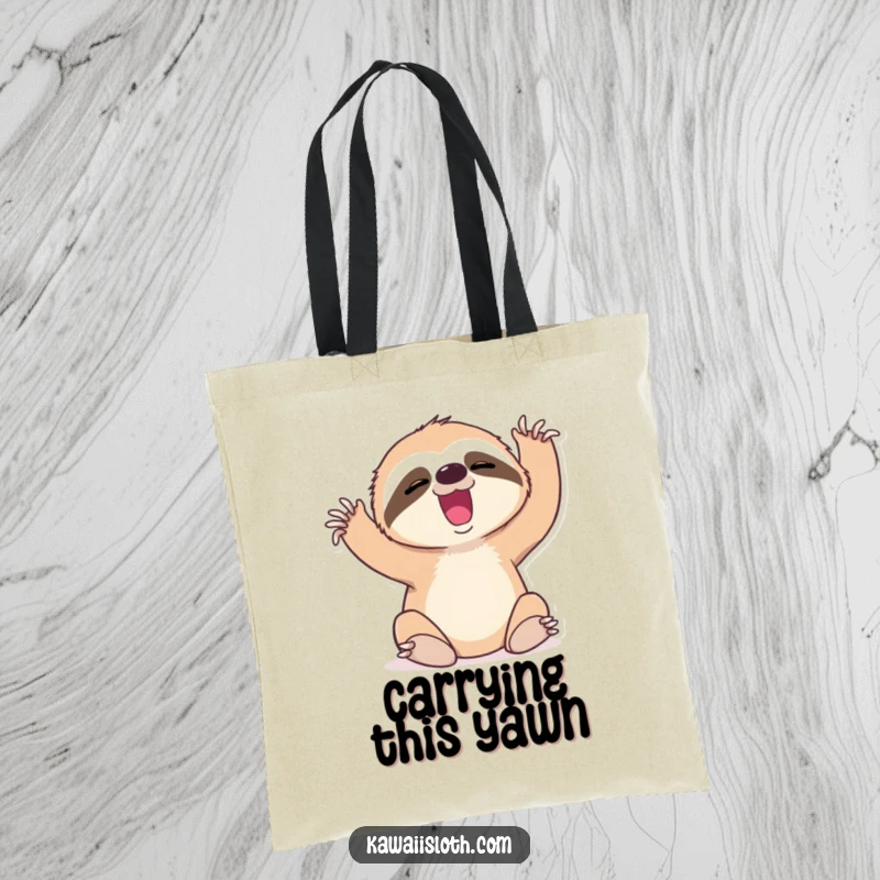 Funny tote bag with a sloth yawning and stretching its limbs, perfect for carrying essentials.