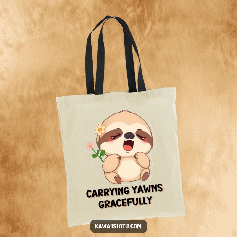 Funny sleepy sloth tote bag featuring a yawning sloth with a flower, a humorous and practical accessory for daily use.