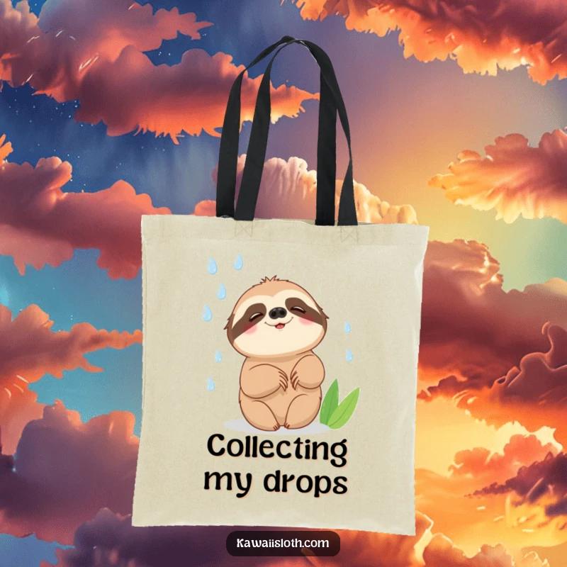 Funny tote bag showcasing a sloth attempting to catch falling raindrops with a slow, happy smile, perfect for carrying items with humor.