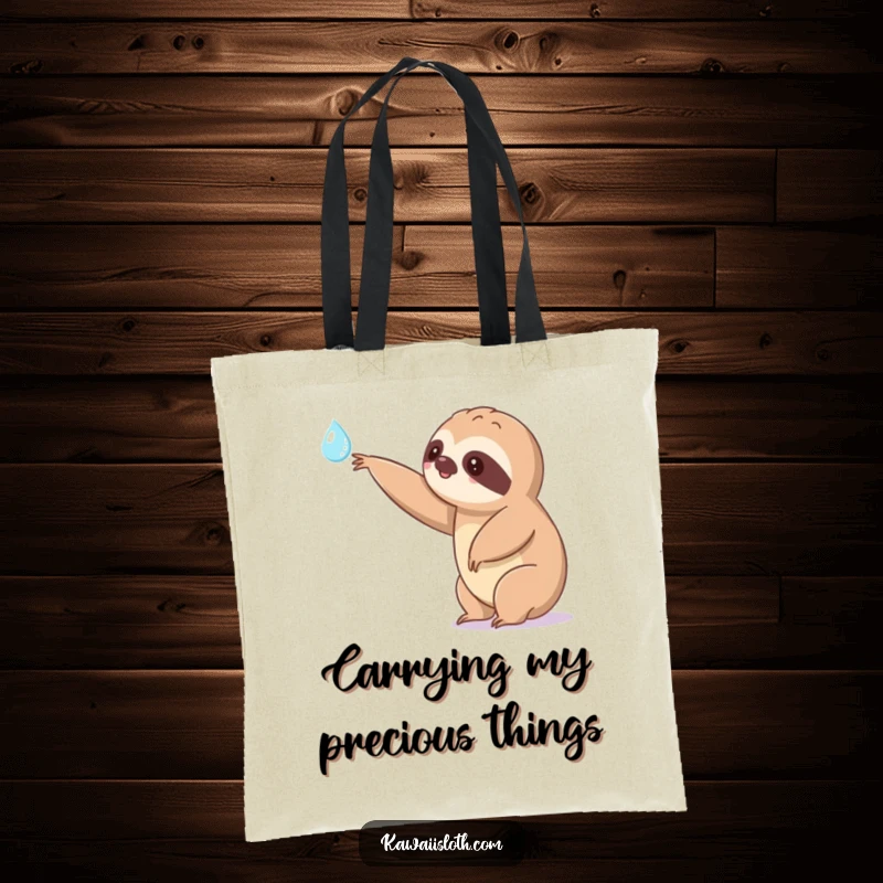 Funny kawaii sloth tote bag extending a slow arm towards a shimmering dewdrop, depicting a cute and humorous character for practical use.