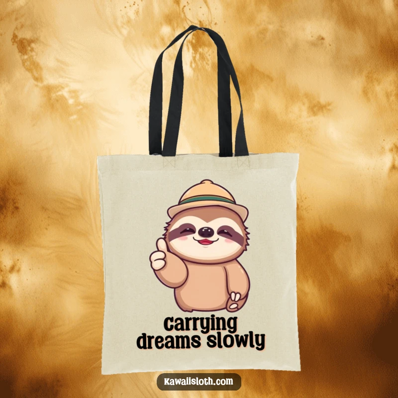 Funny tote bag featuring a lazy sloth in a tiny hat, offering a relaxed thumbs up, perfect for eco-conscious shoppers.