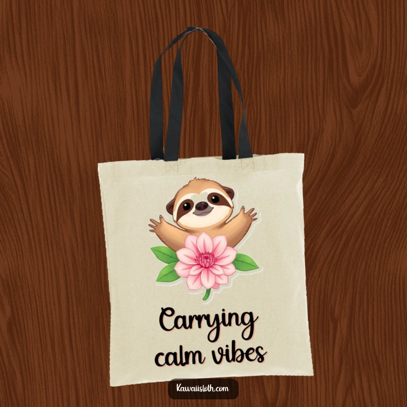 Funny tote bag illustrating a sloth with arms outstretched, giving a large flower a warm and gentle embrace.