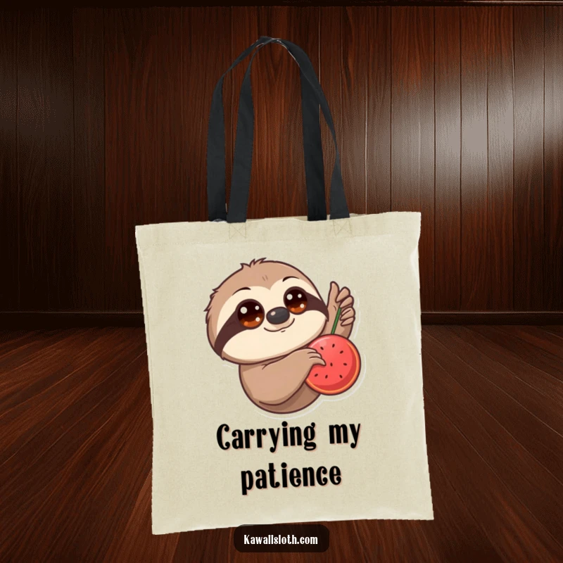 Funny Tote Bag: A sloth with large eyes slowly reaches for a juicy hanging fruit, a symbol of patient snacking.
