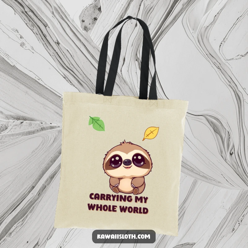 Funny tote bag featuring a sloth with large, gentle eyes looking up at a single falling leaf, promoting a relaxed lifestyle.