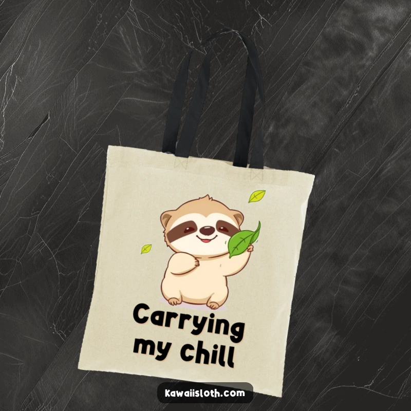 Funny sloth tote bag, playful sloth with a grin, trying to catch a falling leaf, humorous and practical accessory, great funny gift.