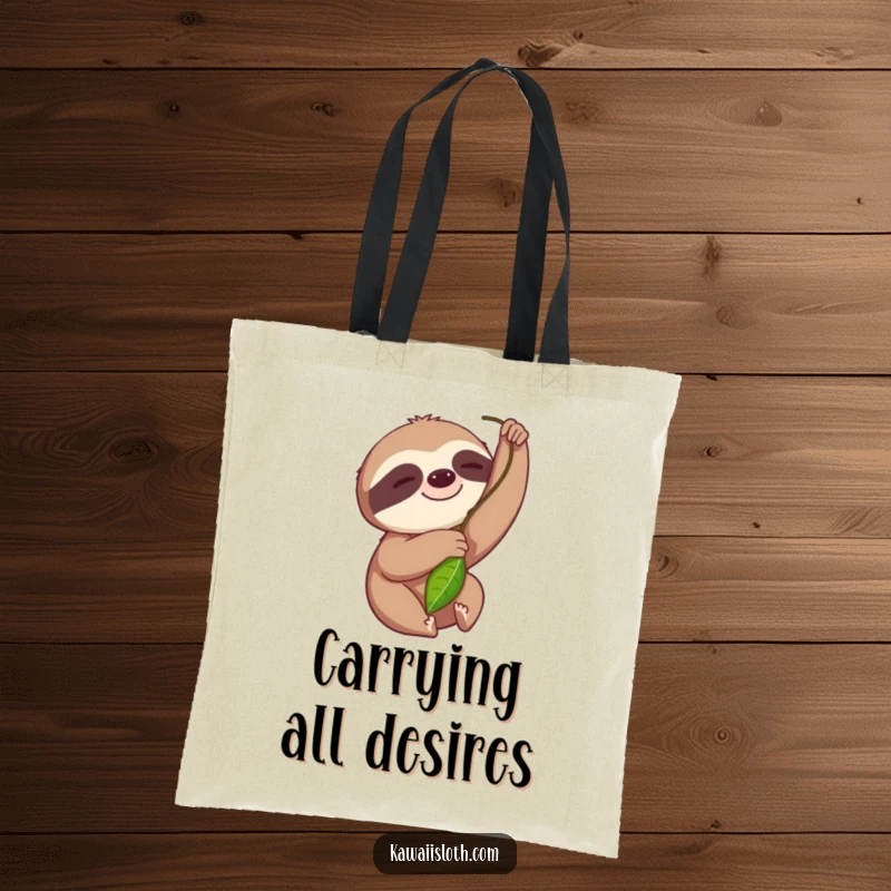 Funny tote bag featuring a smiling sloth in the process of reaching for a leaf, perfect for carrying items with humor.