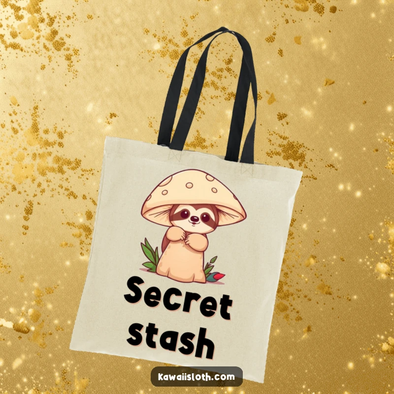 Funny tote bag featuring a sloth playfully peeking from behind a mushroom, a cute and functional accessory. A humorous gift.