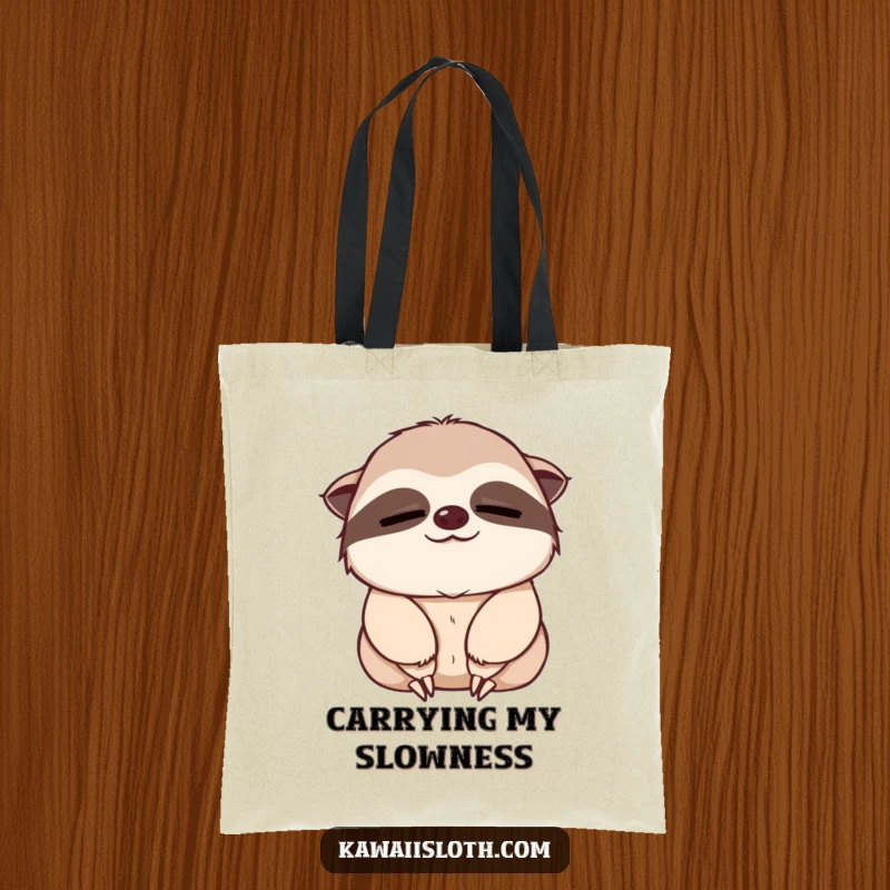 Funny tote bag with a sleepy sloth giving a nodding motion, illustrating a moment of gentle agreement and slow living.