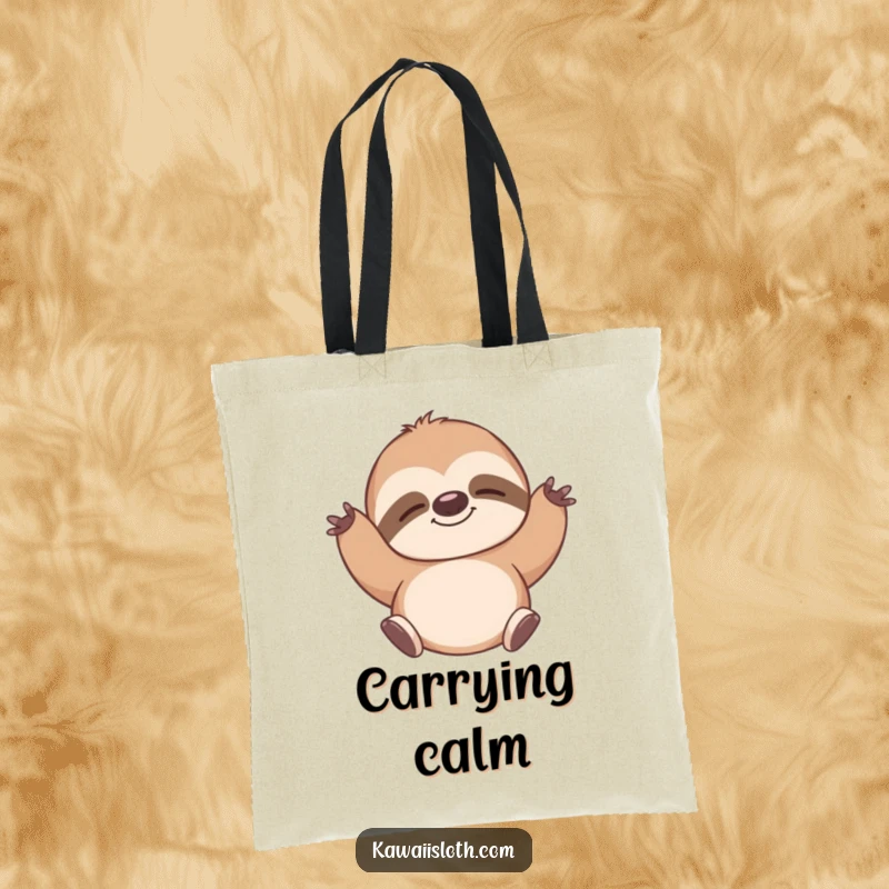 Funny tote bag with a sloth stretching contentedly and smiling, perfect for casual use and humorous style. A humorous gift.