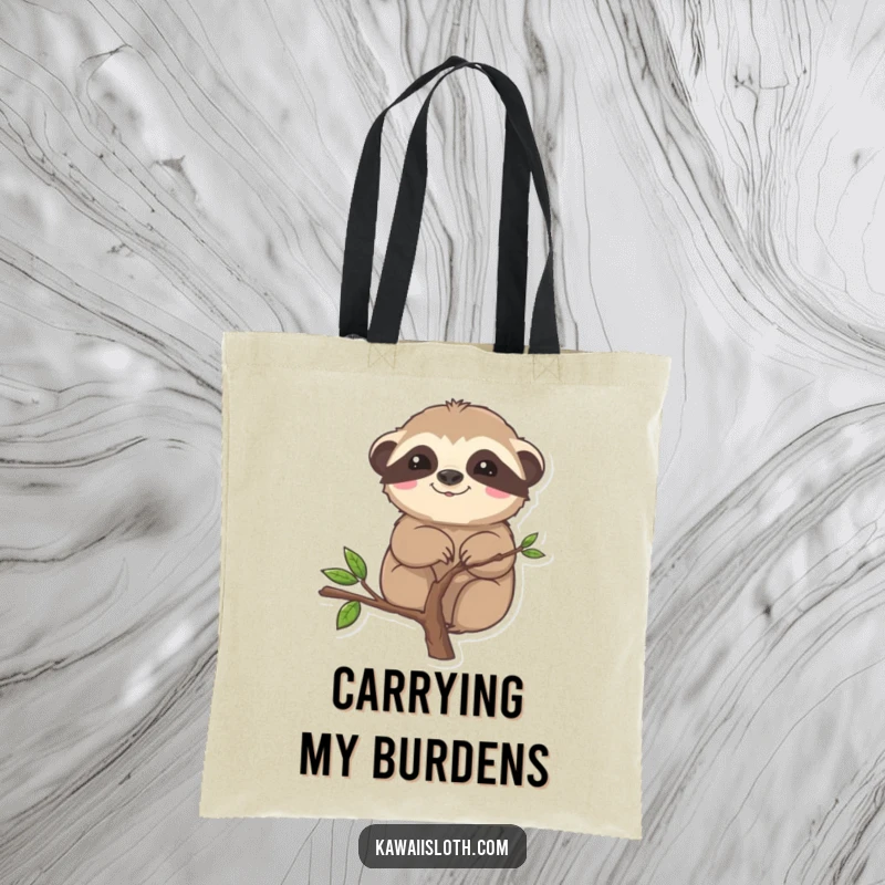 Funny tote bag depicting a sloth humorously stuck on a small branch, perfect for carrying essentials.