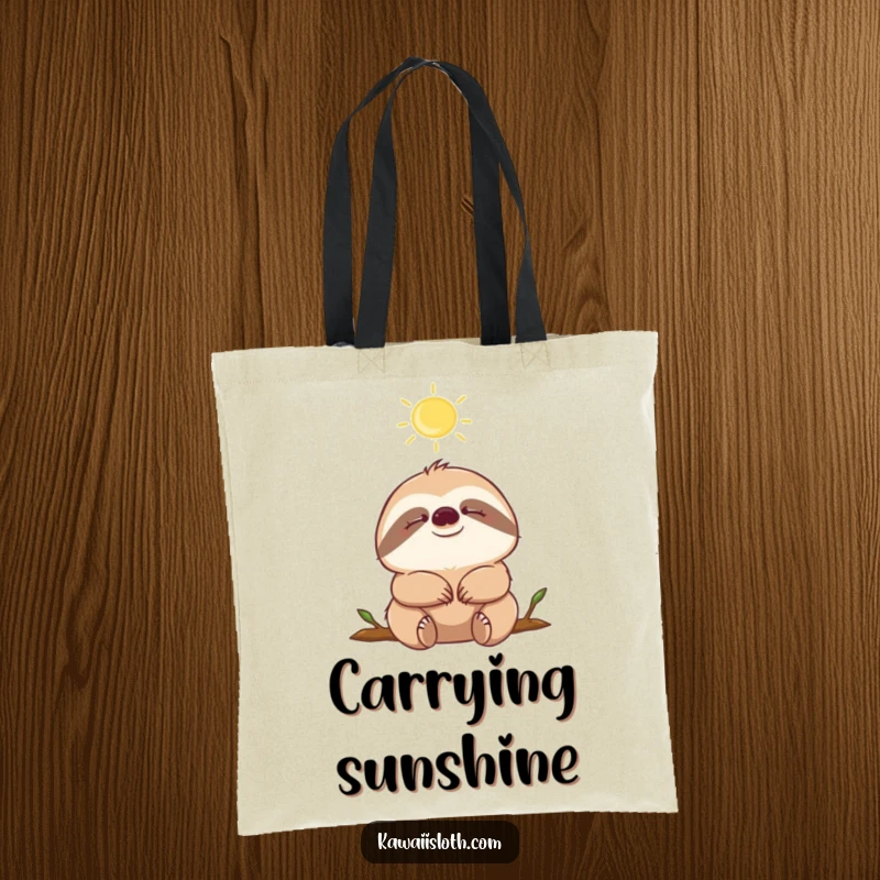 Funny sloth with eyes closed, enjoying a sunbeam, illustrated on a durable tote bag, great for carrying essentials.