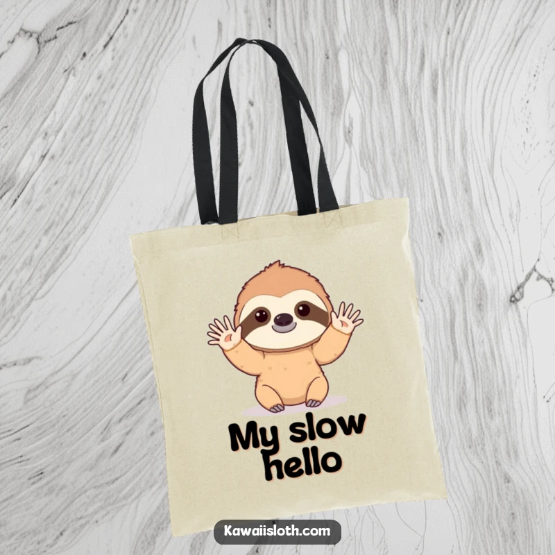 Funny tote bag showcasing a sloth slowly waving hello with a gentle, drawn-out motion, perfect for carrying items with humor.