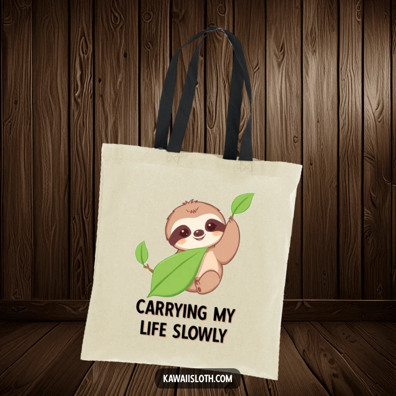 Funny tote bag showcasing a cute sloth slowly reaching for a leaf, a humorous and practical accessory for everyday use.