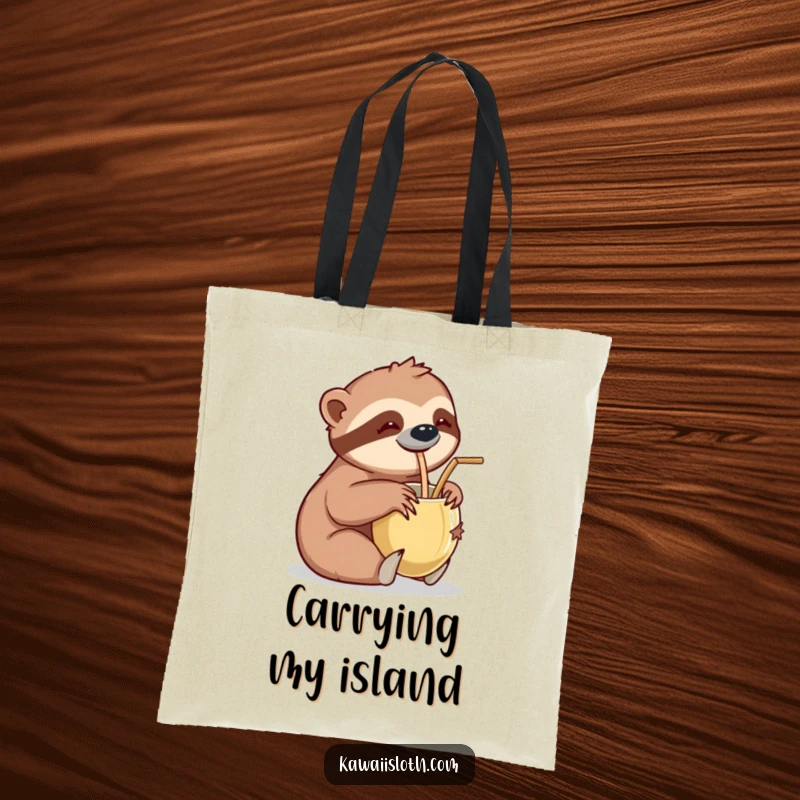 Funny tote bag featuring a sloth leisurely sipping from a coconut cup with a straw, perfect for carrying beach essentials with a humorous twist.