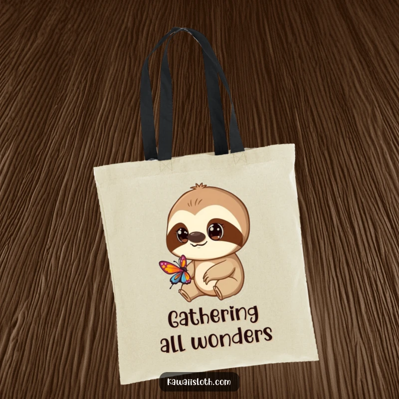 Funny tote bag illustration of a curious sloth with big eyes watching a colorful butterfly, great for carrying anything.