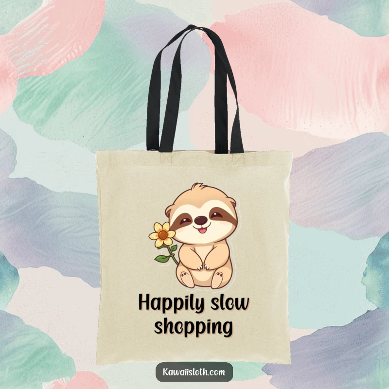 Funny happy sloth with a flower behind its ear waving slowly on a durable tote bag, perfect for shopping and relaxed outings.