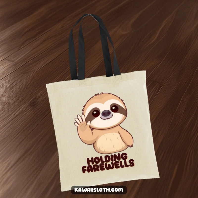 Funny tote bag illustration of a sloth giving a slow, gentle wave, perfect for carrying items with cheer.