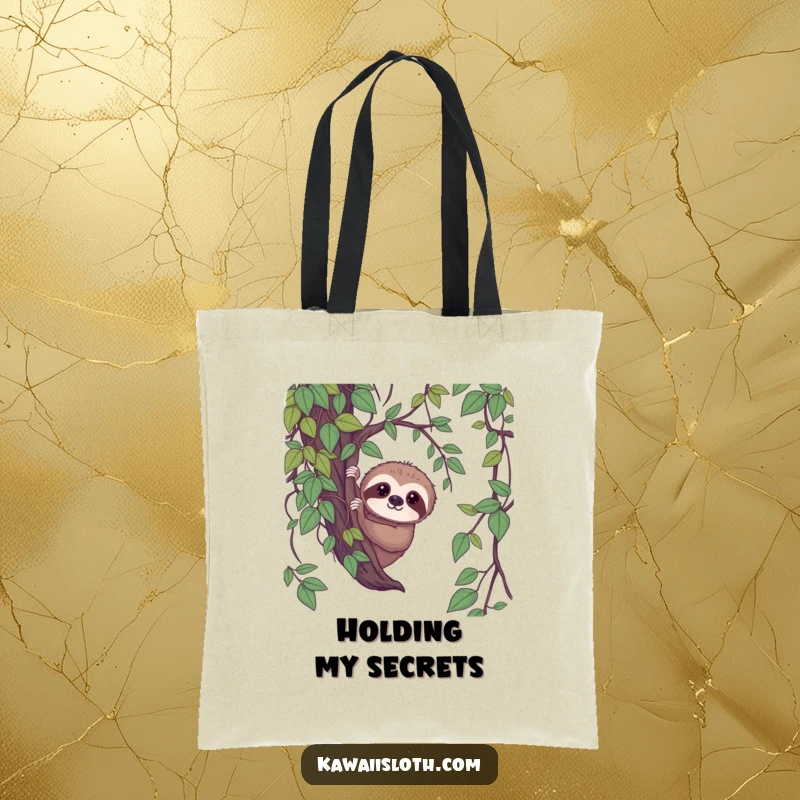 Funny shy sloth tote bag, sloth peeking from vines with a gentle gaze, humorous and practical, great funny gift.