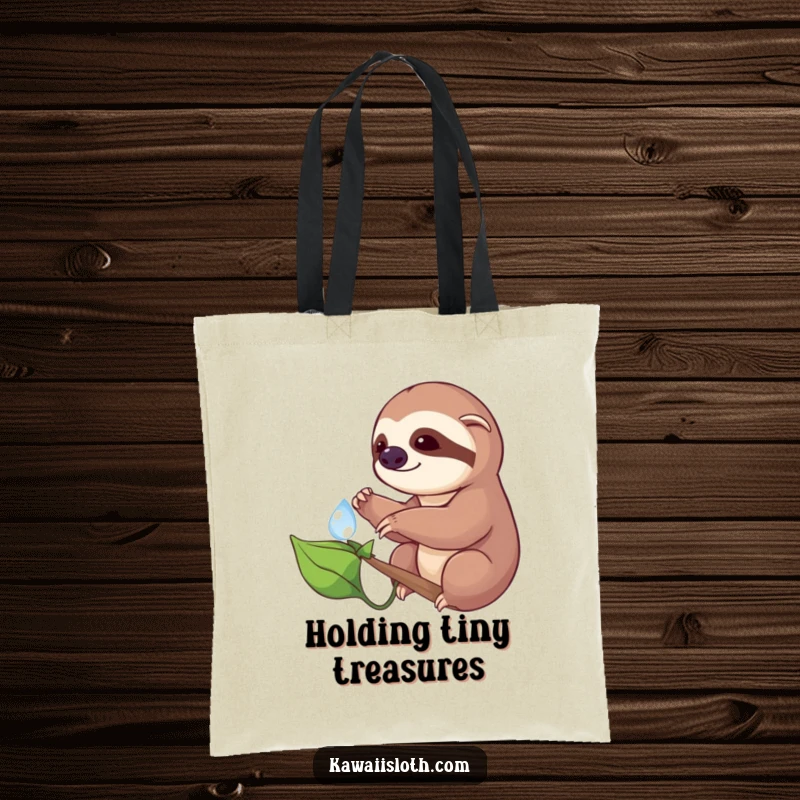 Funny tote bag illustration of a sloth cautiously reaching for a dewdrop on a leaf, ideal for carrying items with a touch of nature’s humor.