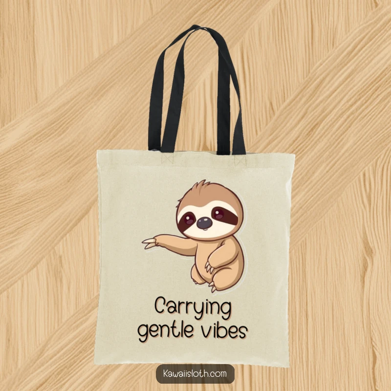 Kawaii sloth tote bag, cute animal art, reaching out arm, gentle embrace, slow living accessory, adorable shopper, cute gift.