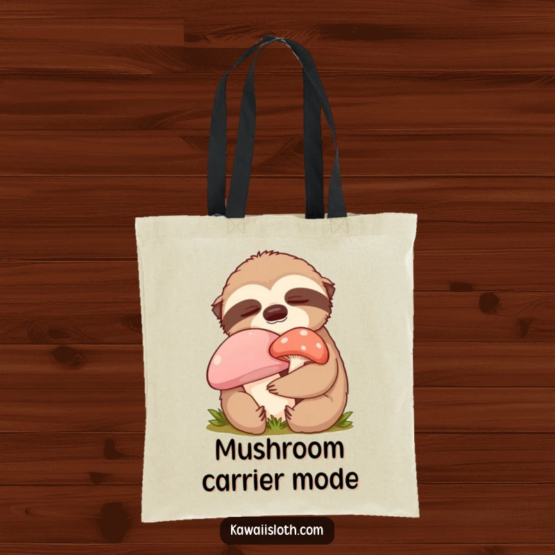 Funny content sloth tote bag featuring a sloth hugging a mushroom with closed eyes, a humorous and practical accessory.