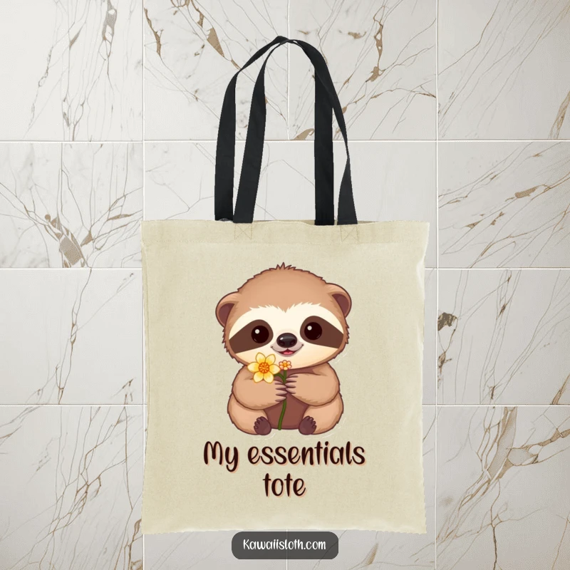 Funny tote bag featuring a sloth tenderly holding a flower, perfect for grocery runs or daily commutes with a humorous touch.