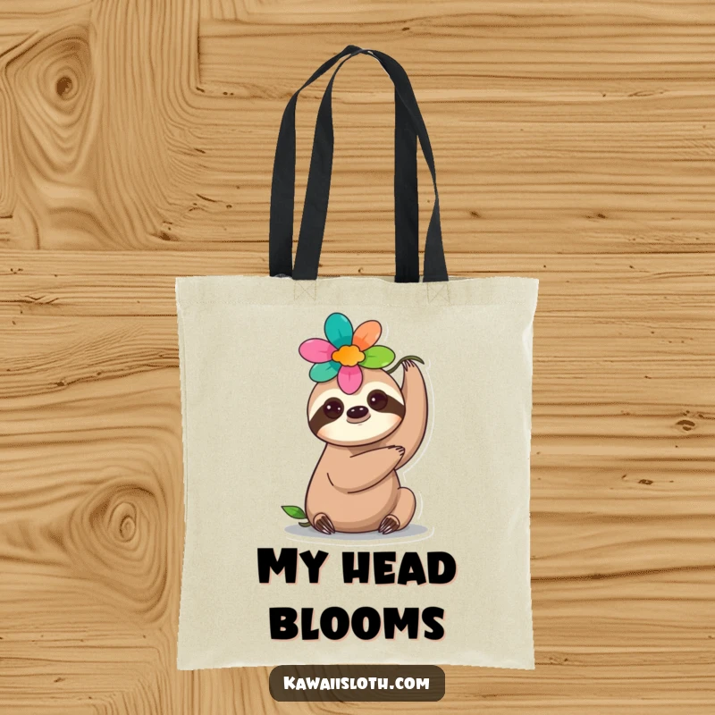 Funny flower sloth tote bag, a cute sloth balancing a flower on its head, perfect for stylish and humorous carrying.