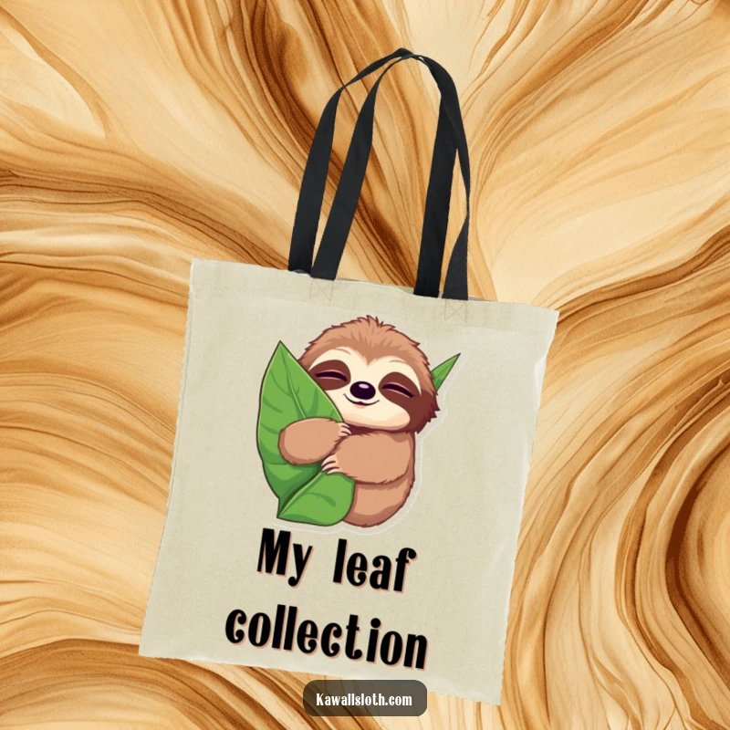 Funny tote bag showing a sloth with wide, sleepy eyes, hugging a giant leaf with a serene and comfortable attitude.