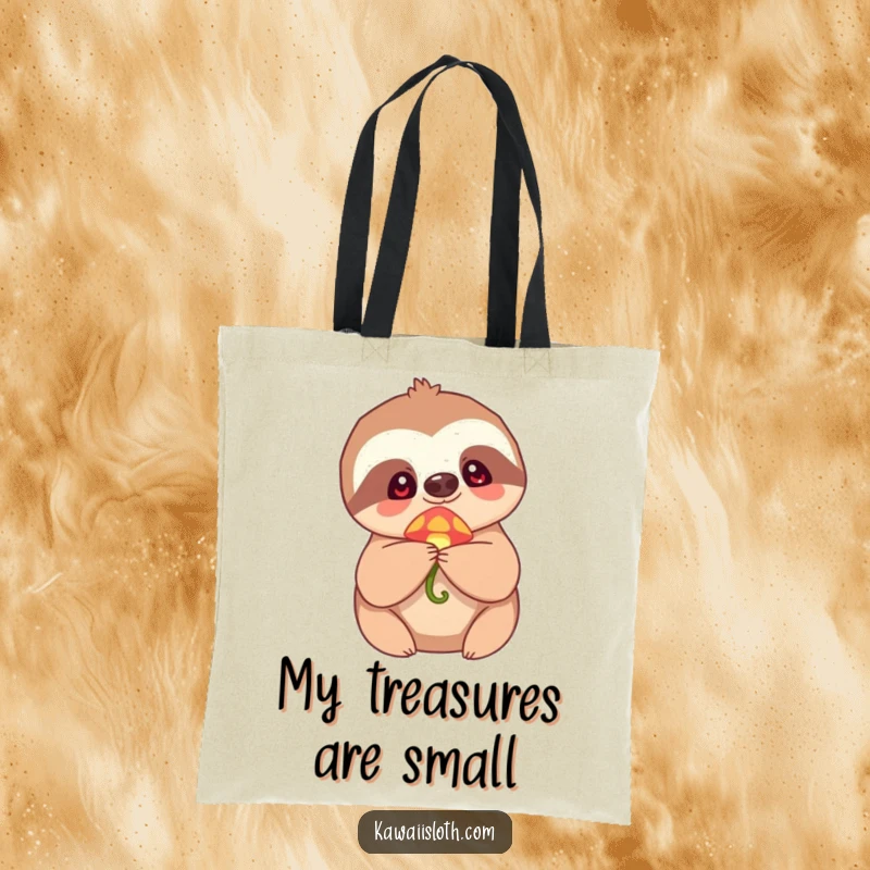 Funny Tote Bag of a sloth holding a tiny, glowing mushroom, embodying wonder and humor for carrying daily essentials.