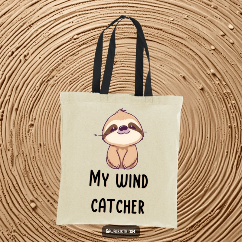 Funny serene sloth tote bag illustrating a sloth with a peaceful expression, enjoying a gentle breeze, for daily use.