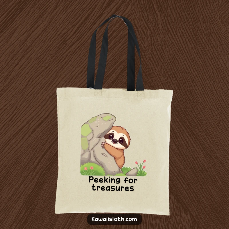 Funny curious sloth tote bag featuring a sloth peeking from behind a mossy rock, a humorous and practical accessory.